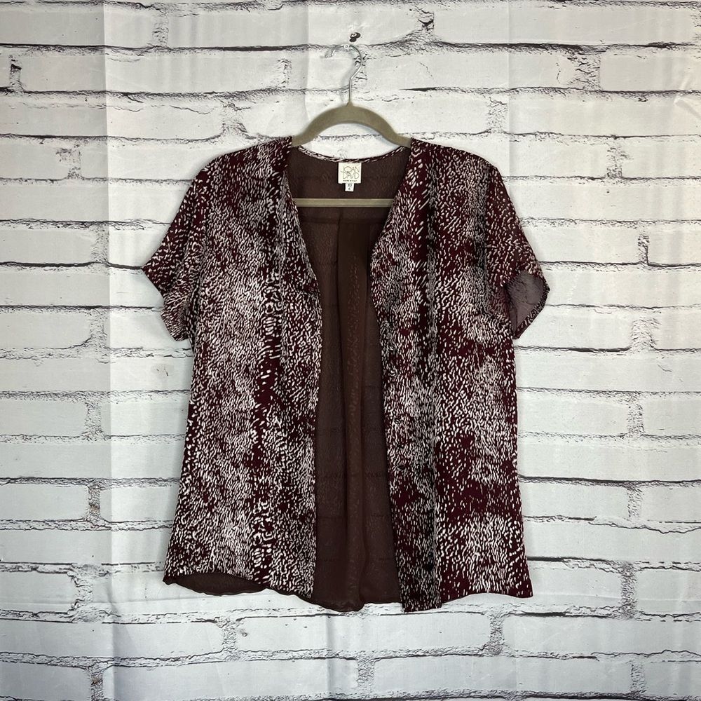 Joan & David Red White Open Front Silk-Blend Blouse Women’s 6 Modern Fall Preppy